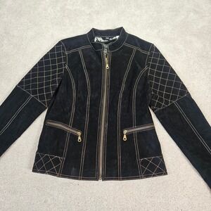 Live A Little Black Suede Quilted Moto‎ Inspired Leather Jacket Leopard Lined S